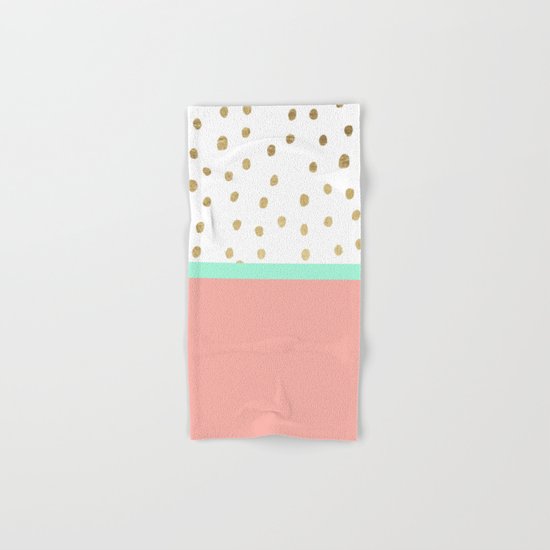 Coral teal color block faux gold foil polka dots pattern Hand & Bath Towel