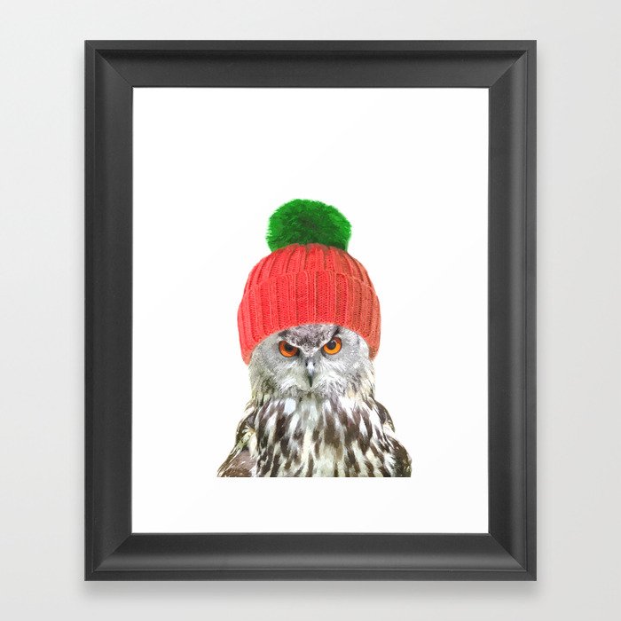 Owl with cap winter holidays Framed Art Print