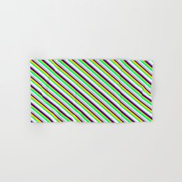 [ Thumbnail: Vibrant Indigo, Yellow, Green, White, and Grey Colored Lines Pattern Hand & Bath Towel ]