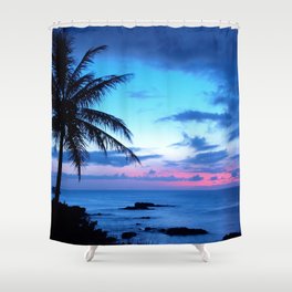 Tropical Island Beach Ocean Pink Blue Sunset Photo Shower Curtain