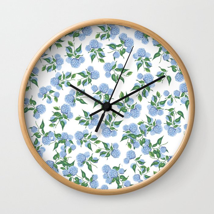 Hydrangea blue flowers, botanicals, blue and white floral Wall Clock