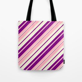 [ Thumbnail: Light Pink, Beige, and Purple Colored Lined/Striped Pattern Tote Bag ]