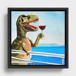 T-Rex dinosaur drinking red wine and enjoying the seaview Framed Canvas