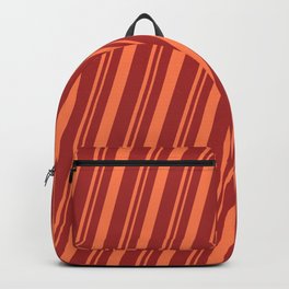 [ Thumbnail: Brown and Coral Colored Pattern of Stripes Backpack ]