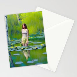 Colorful painting of a girl walking in a lily pond Stationery Cards