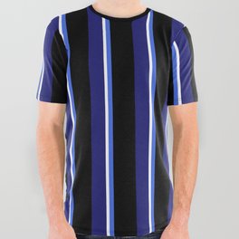 [ Thumbnail: Royal Blue, Black, Midnight Blue & White Colored Striped Pattern All Over Graphic Tee ]