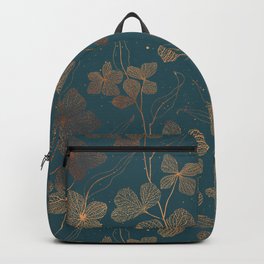 Copper Art Deco Flowers on Emerald  Backpack | Minimalist, Floral, Blossom, Leaf, Watercolor, Leaves, Gold, Emerald, Cottagecore, Wildflowers 