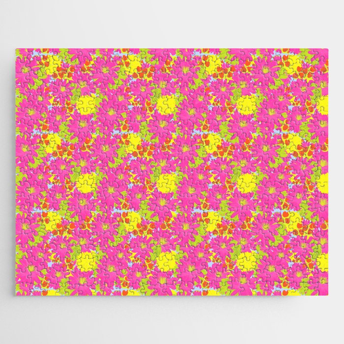 Retro Tropical Hot Pink Garden Flowers  Jigsaw Puzzle