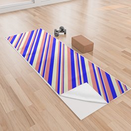 [ Thumbnail: Blue, Light Coral, and Light Yellow Colored Stripes Pattern Yoga Towel ]