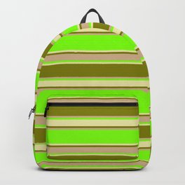 [ Thumbnail: Chartreuse, Pale Goldenrod, Green & Tan Colored Pattern of Stripes Backpack ]