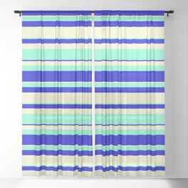 [ Thumbnail: Light Yellow, Aquamarine, and Blue Colored Striped/Lined Pattern Sheer Curtain ]