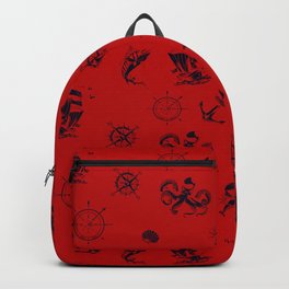 Red And Blue Silhouettes Of Vintage Nautical Pattern Backpack