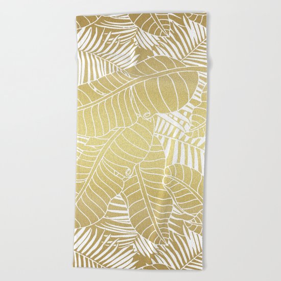 Golden tropical leaves Beach Towel