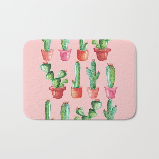 Watercolor Cactus on Pink Bath Mat