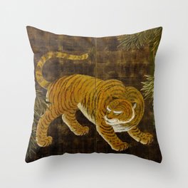Japanese Tiger in Bamboo Grove Vintage Gold Leaf Screen Throw Pillow