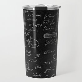 Blackboard inscribed with scientific formulas and calculations in physics and mathematics. Science and education background. Travel Mug