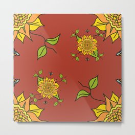 Spring Flowers and Bees Red Pattern  Metal Print | Pattern, Flowers, Retrodesign, Bees, Flowerdesign, Celebration, Leaves, Graphicdesign, Floral, Yellow 