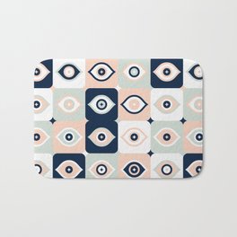 Checkered Retro Eyes – Mint, Blush & Navy Palette Bath Mat | Evileye, Modern, Checkered, Eye, Minimal, Catcoq, Evileyes, All Seeingeyes, Drawing, Mid Century 