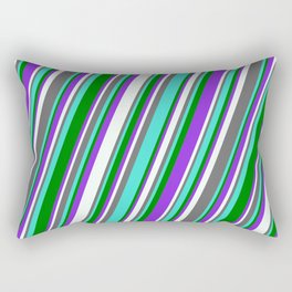 [ Thumbnail: Dim Grey, Turquoise, Green, Purple & Mint Cream Colored Lined Pattern Rectangular Pillow ]