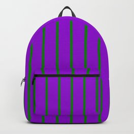 [ Thumbnail: Dark Violet and Green Colored Lines Pattern Backpack ]