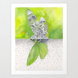 Green Cicada / Mushroom Watercolor Painting Art Print