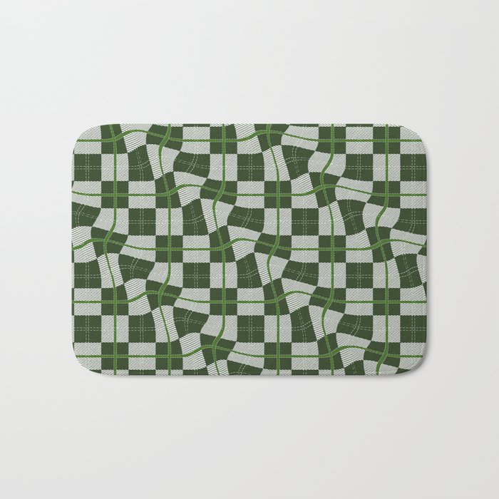 Warped Checkerboard Grid Illustration Whimsical Green Bath Mat
