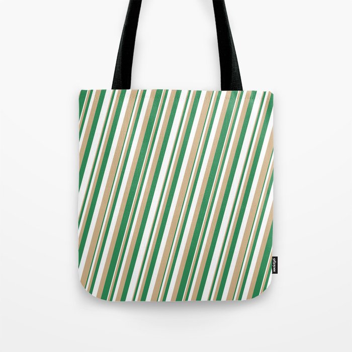 Tan, Sea Green, and White Colored Lined Pattern Tote Bag