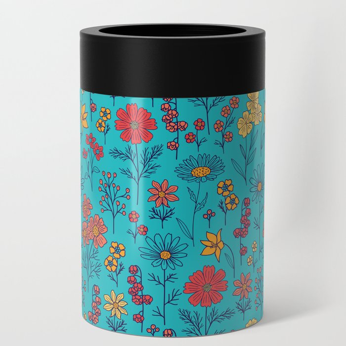 Vibrant Turquoise, Red & Orange Floral Can Cooler