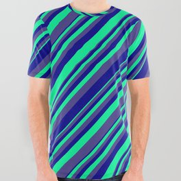 [ Thumbnail: Green, Dark Slate Blue & Dark Blue Colored Lined/Striped Pattern All Over Graphic Tee ]