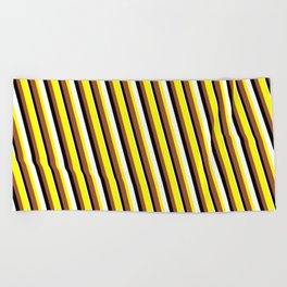 [ Thumbnail: Yellow, Sienna, Black, and White Colored Lined/Striped Pattern Beach Towel ]