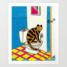 Cat Seated on Toilet Art Print