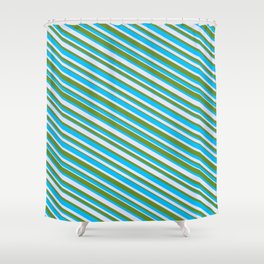 [ Thumbnail: Deep Sky Blue, Lavender, and Green Colored Lined Pattern Shower Curtain ]