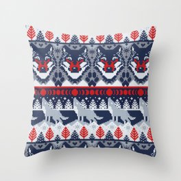Fair isle knitting grey wolf // navy blue and grey wolves red moons and pine trees Throw Pillow