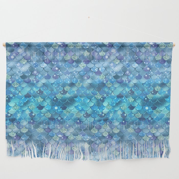 Aqua Blue Mermaid Pattern Metallic Glitter Wall Hanging