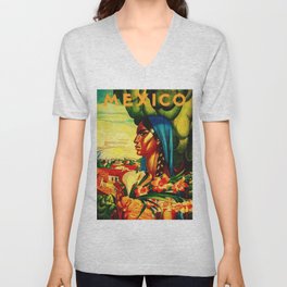 Vintage Mexico Travel - Woman with Flowers V Neck T Shirt