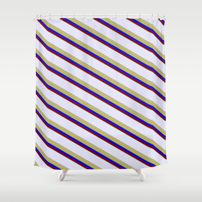Lavender, Dark Khaki, Blue, Maroon, and Aquamarine Colored Striped/Lined Pattern Shower Curtain