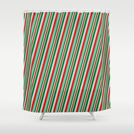 [ Thumbnail: Dark Green, Powder Blue, Red & Aquamarine Colored Pattern of Stripes Shower Curtain ]