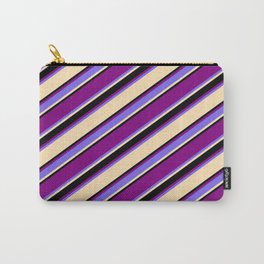 [ Thumbnail: Purple, Medium Slate Blue, Beige, and Black Colored Striped/Lined Pattern Carry-All Pouch ]