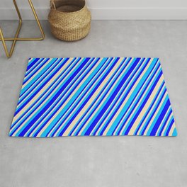 [ Thumbnail: Blue, Tan, and Deep Sky Blue Colored Lined/Striped Pattern Rug ]