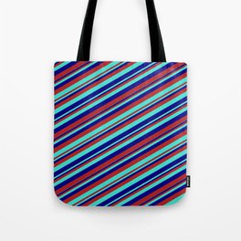 [ Thumbnail: Blue, Red & Turquoise Colored Stripes Pattern Tote Bag ]