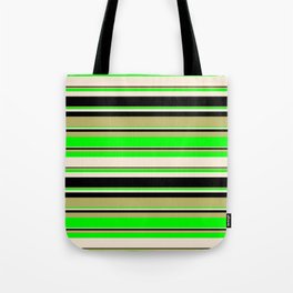 [ Thumbnail: Dark Khaki, Lime, Beige, and Black Colored Striped Pattern Tote Bag ]