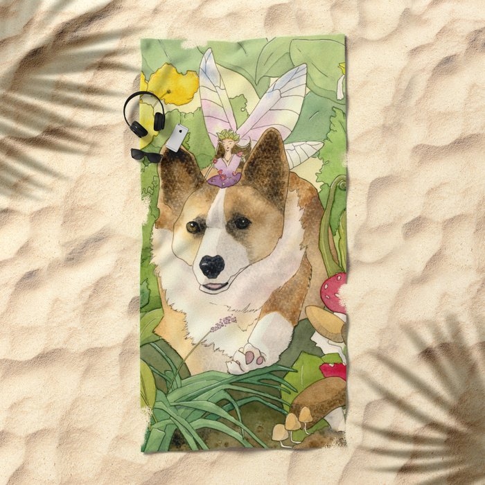 The Faerie and the Welsh Corgi Beach Towel by The Faery Wytchwood