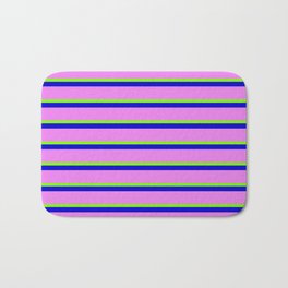 [ Thumbnail: Green, Blue, and Violet Colored Lined Pattern Bath Mat ]
