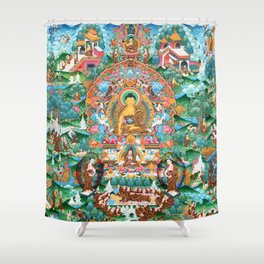 Turquoise Life Of Buddha Thangka Shower Curtain