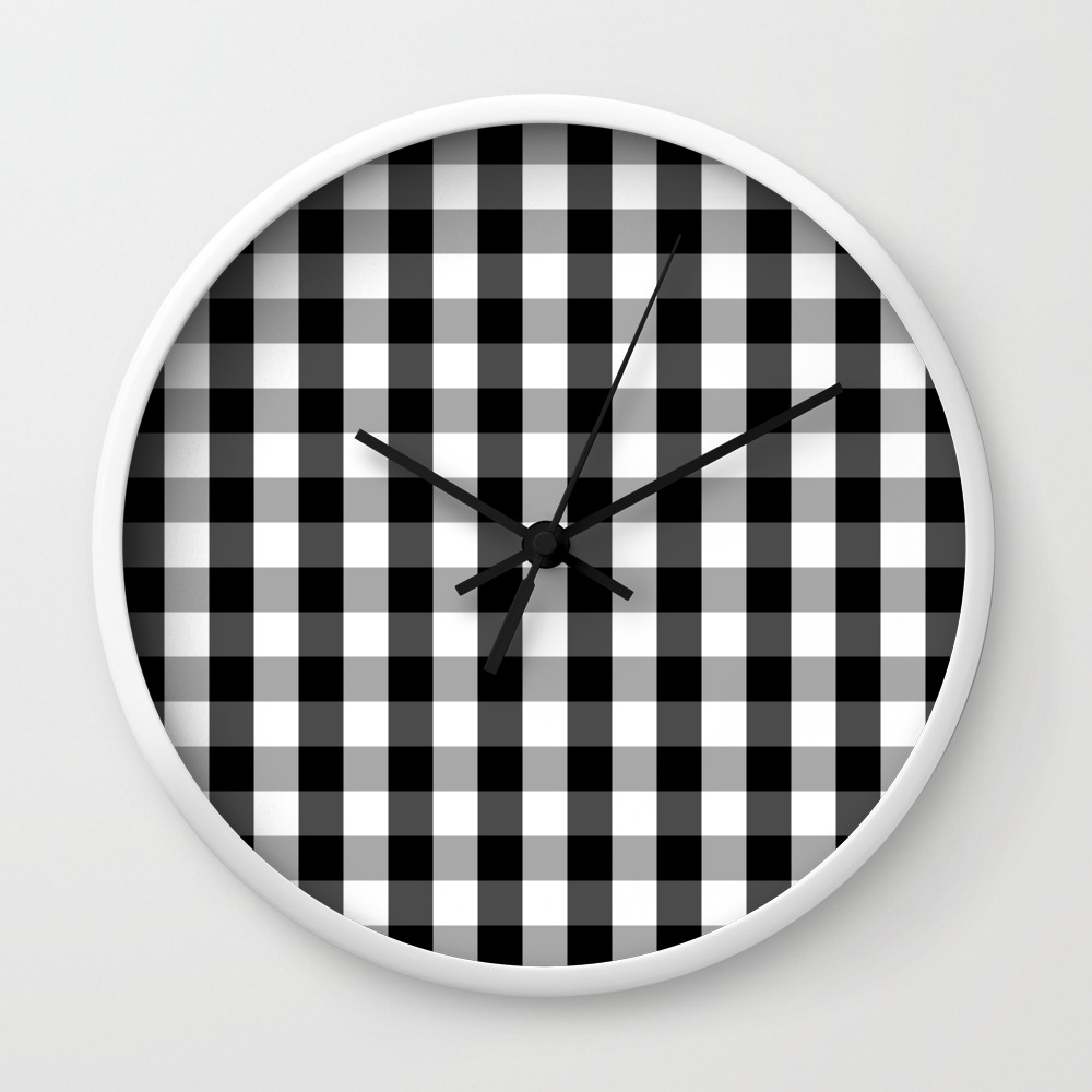 Large Black White Gingham Checked Square Pattern Wall Clock By