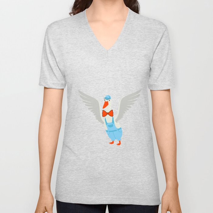 Cute White Goose Flapping Its Wings V Neck T Shirt