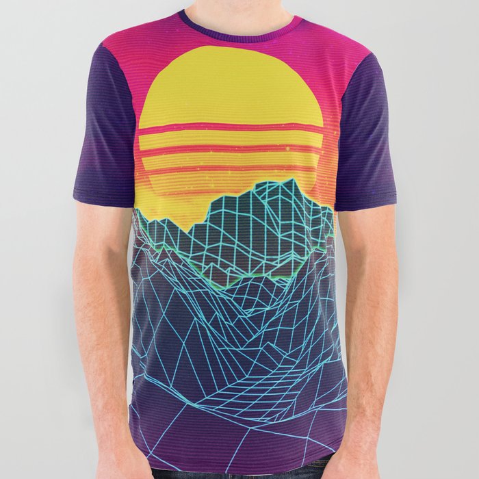 Neon glowing sun grid mountain All Over Graphic Tee by AnnArtshock ...