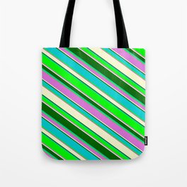 [ Thumbnail: Vibrant Dark Turquoise, Lime, Orchid, Light Yellow, and Dark Green Colored Stripes Pattern Tote Bag ]