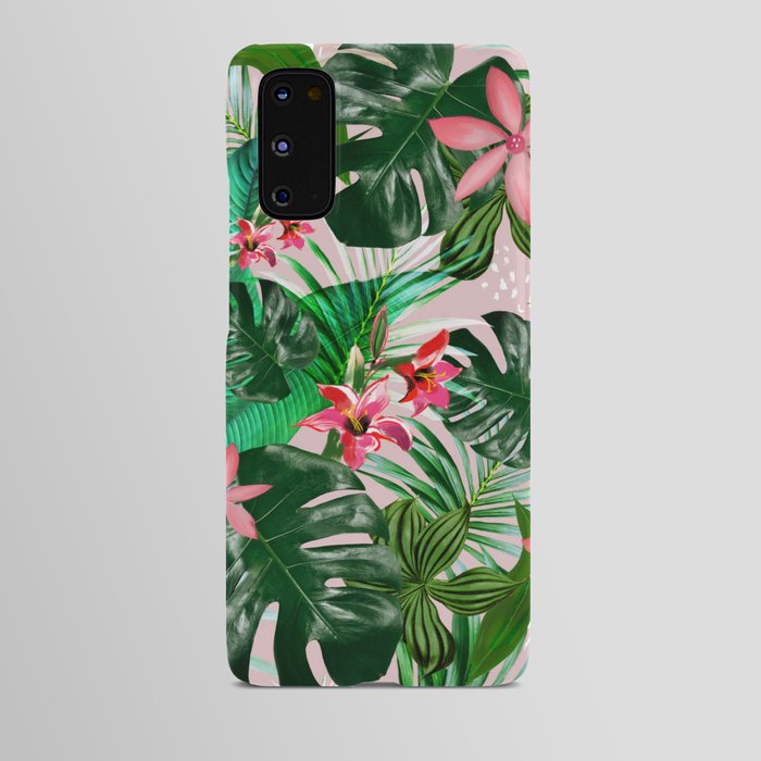 Tropical palm leaf with red flowers Android Case