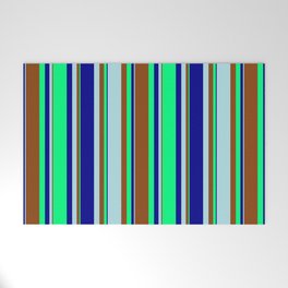 [ Thumbnail: Dark Blue, Green, Brown, and Powder Blue Colored Lines/Stripes Pattern Welcome Mat ]